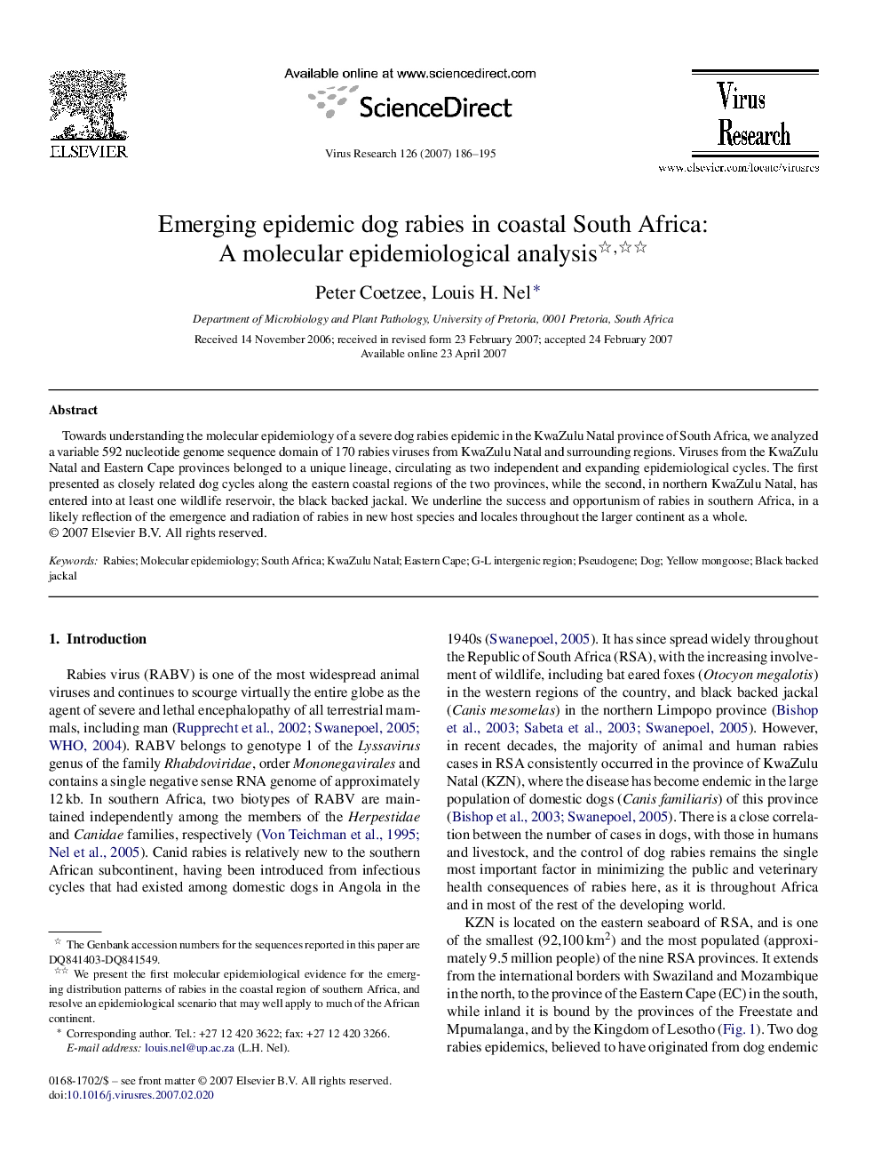 Emerging epidemic dog rabies in coastal South Africa: A molecular epidemiological analysis 