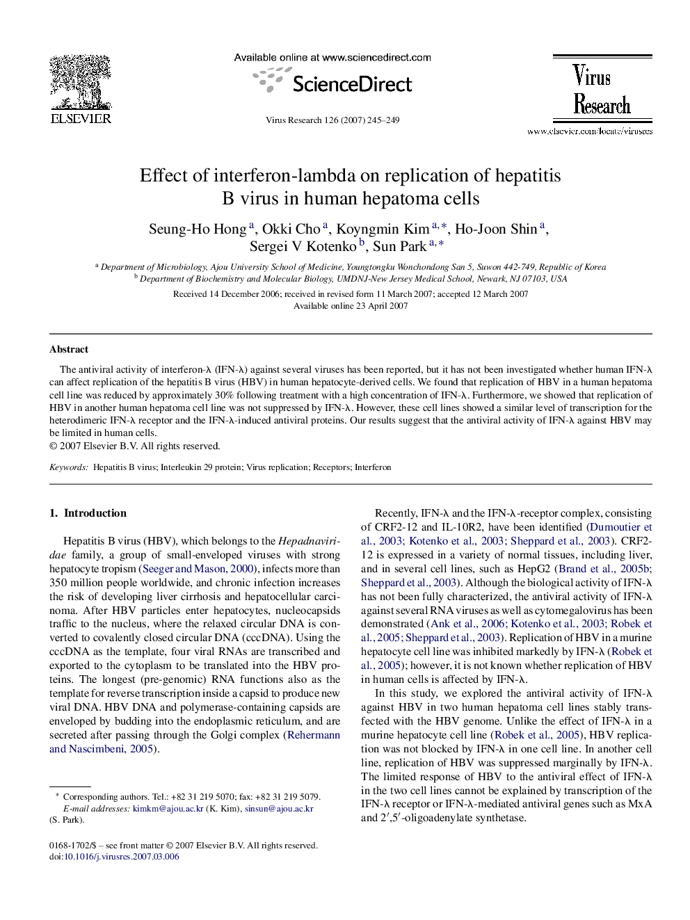 Effect of interferon-lambda on replication of hepatitis B virus in human hepatoma cells