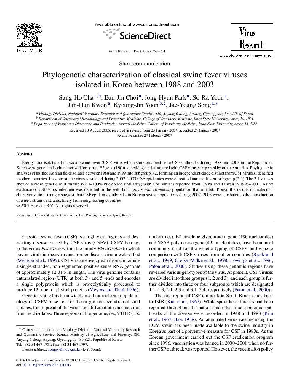 Phylogenetic characterization of classical swine fever viruses isolated in Korea between 1988 and 2003