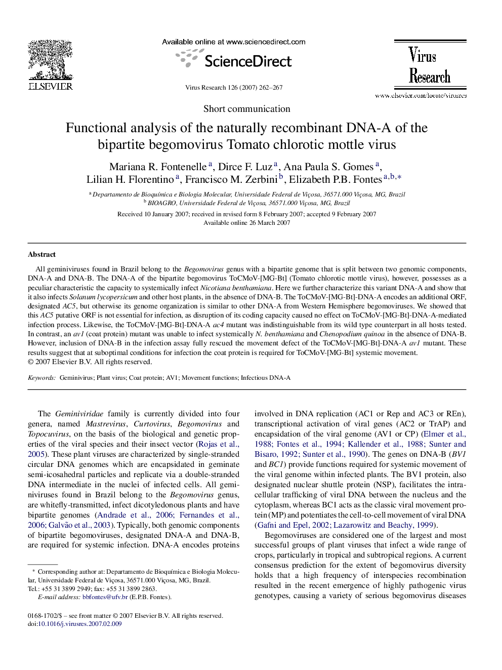 Functional analysis of the naturally recombinant DNA-A of the bipartite begomovirus Tomato chlorotic mottle virus