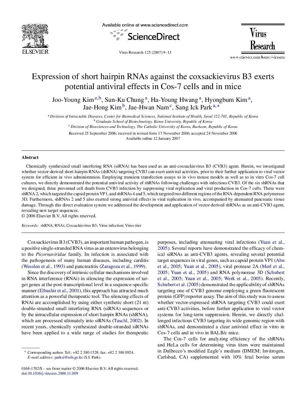 Expression of short hairpin RNAs against the coxsackievirus B3 exerts potential antiviral effects in Cos-7 cells and in mice