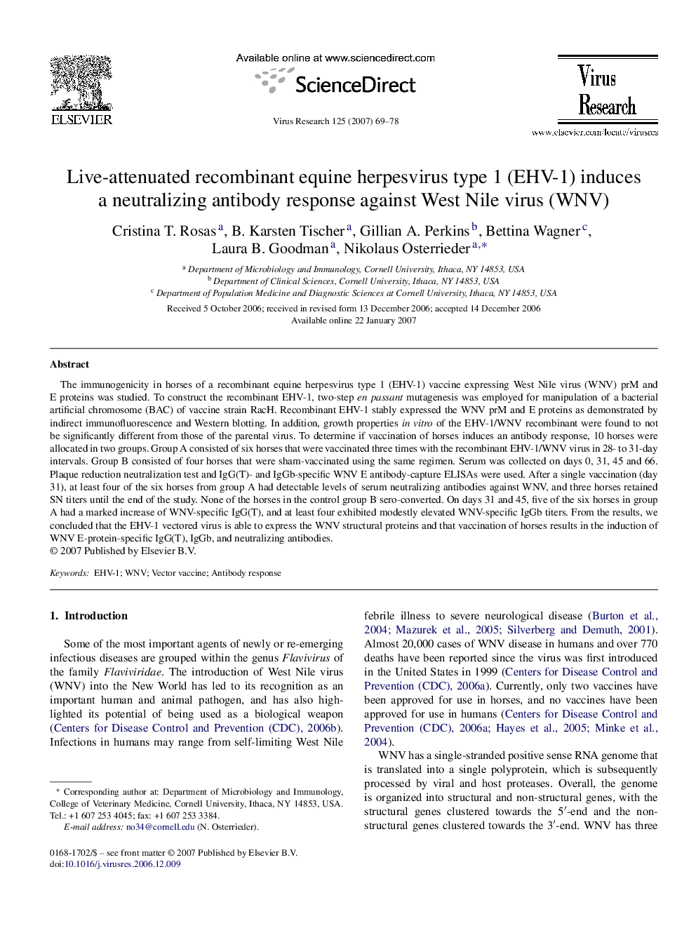 Live-attenuated recombinant equine herpesvirus type 1 (EHV-1) induces a neutralizing antibody response against West Nile virus (WNV)