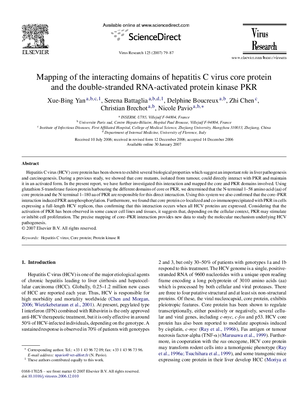 Mapping of the interacting domains of hepatitis C virus core protein and the double-stranded RNA-activated protein kinase PKR