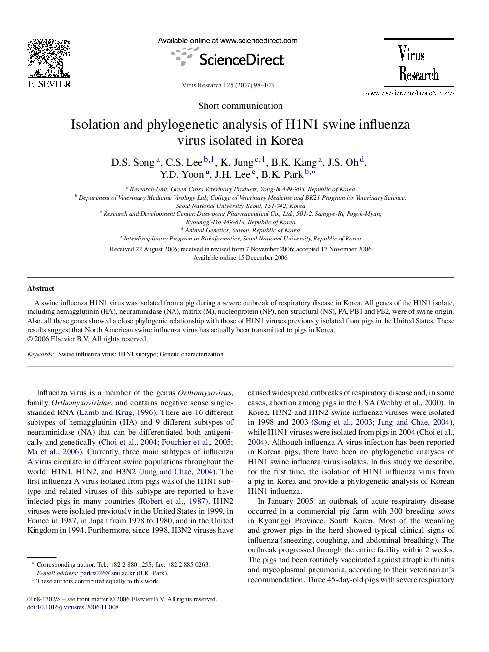 Isolation and phylogenetic analysis of H1N1 swine influenza virus isolated in Korea