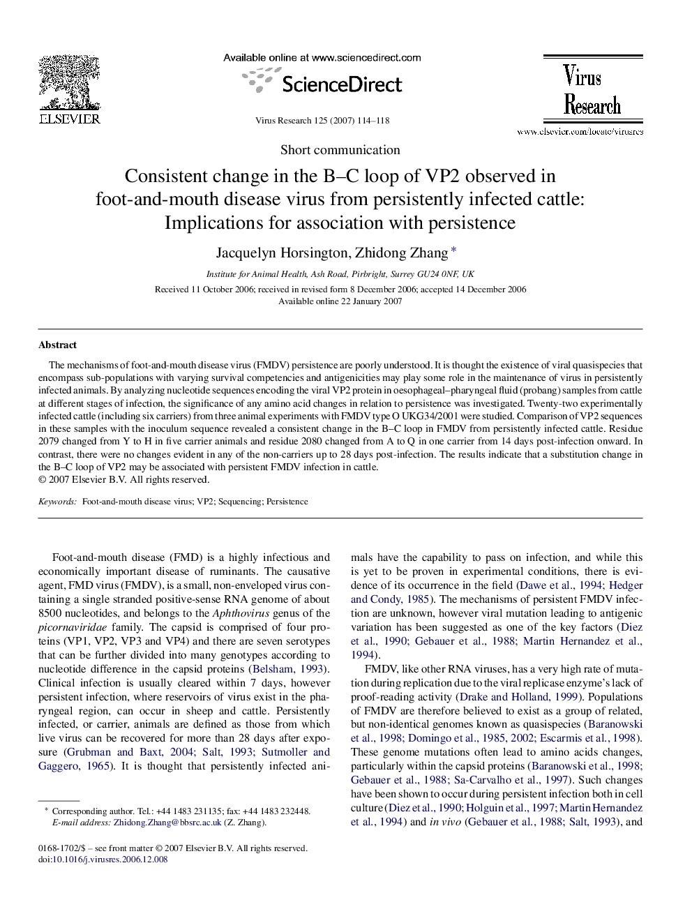 Consistent change in the B–C loop of VP2 observed in foot-and-mouth disease virus from persistently infected cattle: Implications for association with persistence