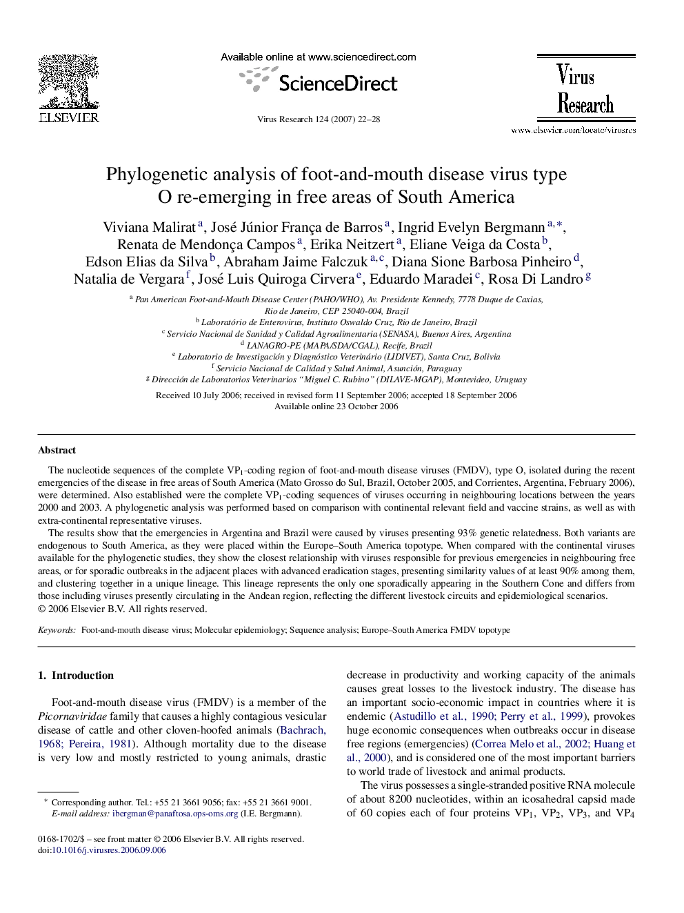 Phylogenetic analysis of foot-and-mouth disease virus type O re-emerging in free areas of South America