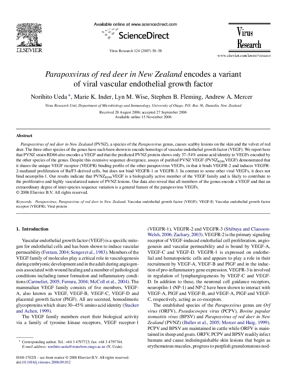 Parapoxvirus of red deer in New Zealand encodes a variant of viral vascular endothelial growth factor