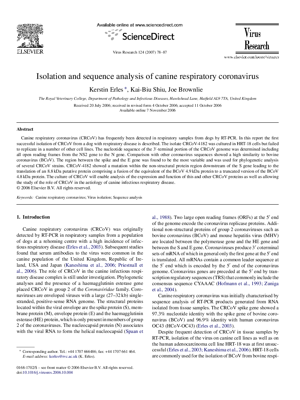 Isolation and sequence analysis of canine respiratory coronavirus