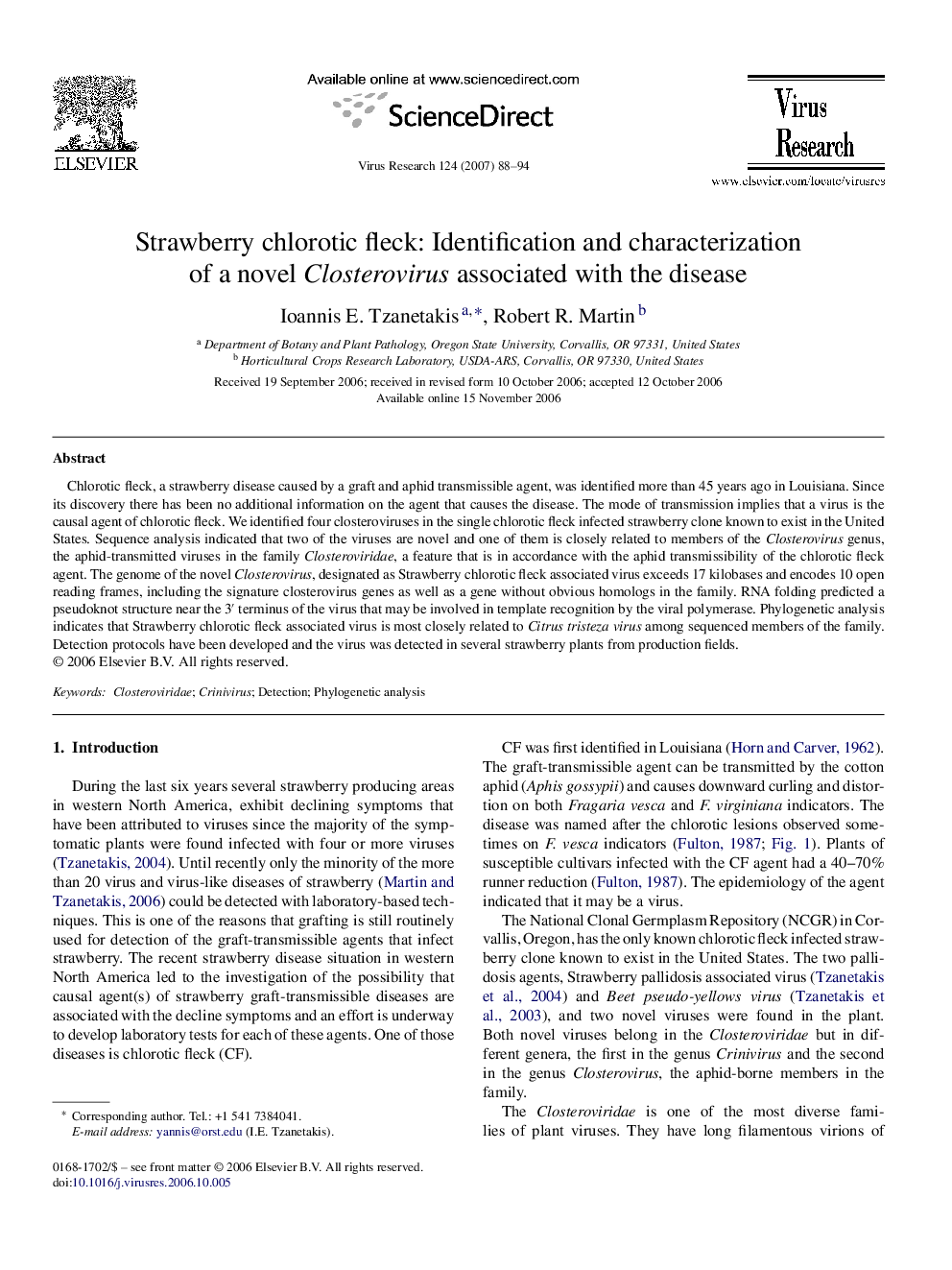 Strawberry chlorotic fleck: Identification and characterization of a novel Closterovirus associated with the disease