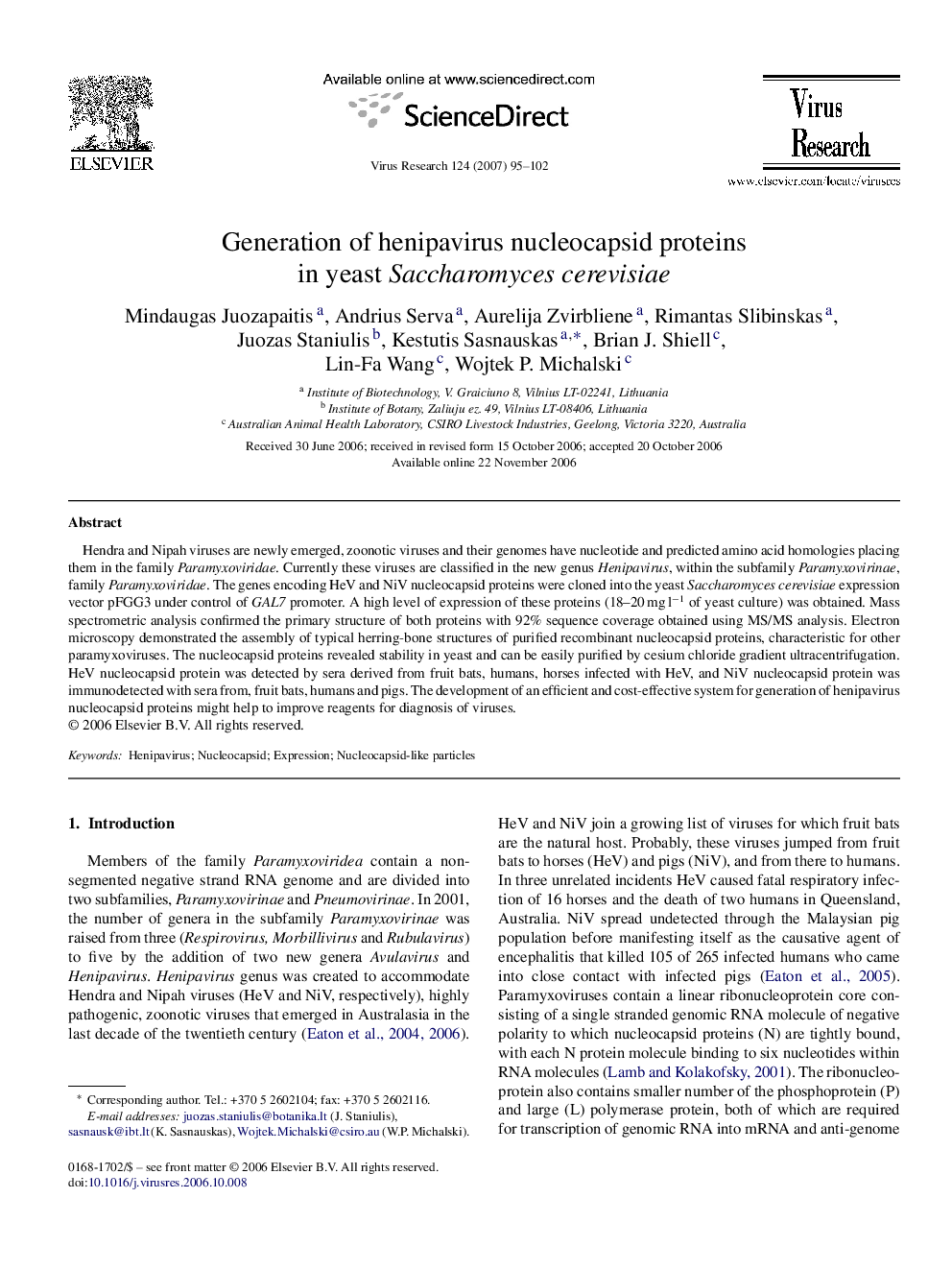 Generation of henipavirus nucleocapsid proteins in yeast Saccharomyces cerevisiae