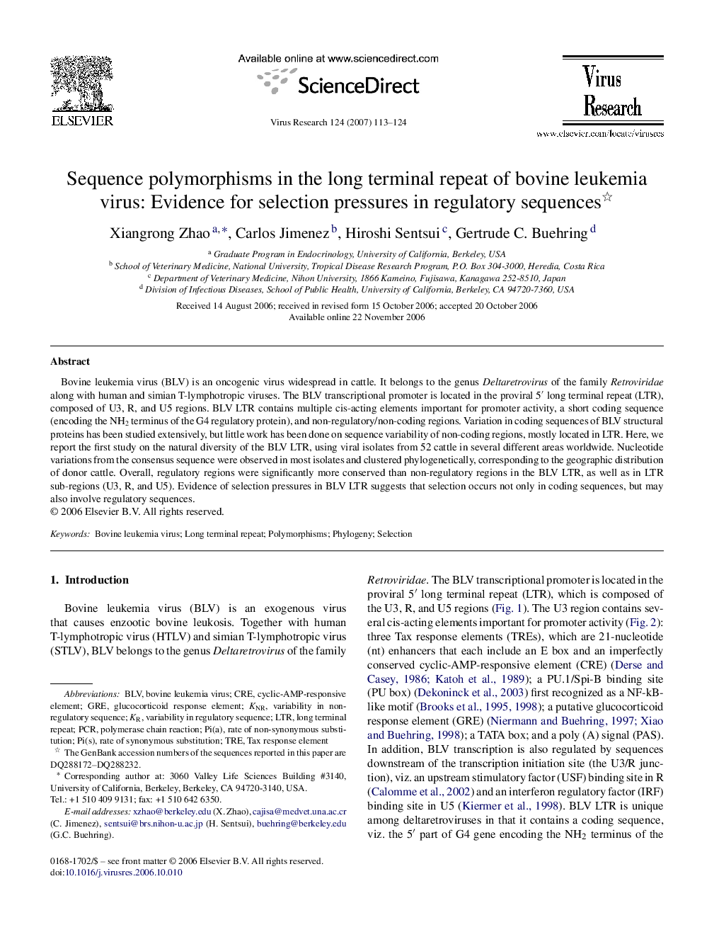 Sequence polymorphisms in the long terminal repeat of bovine leukemia virus: Evidence for selection pressures in regulatory sequences 