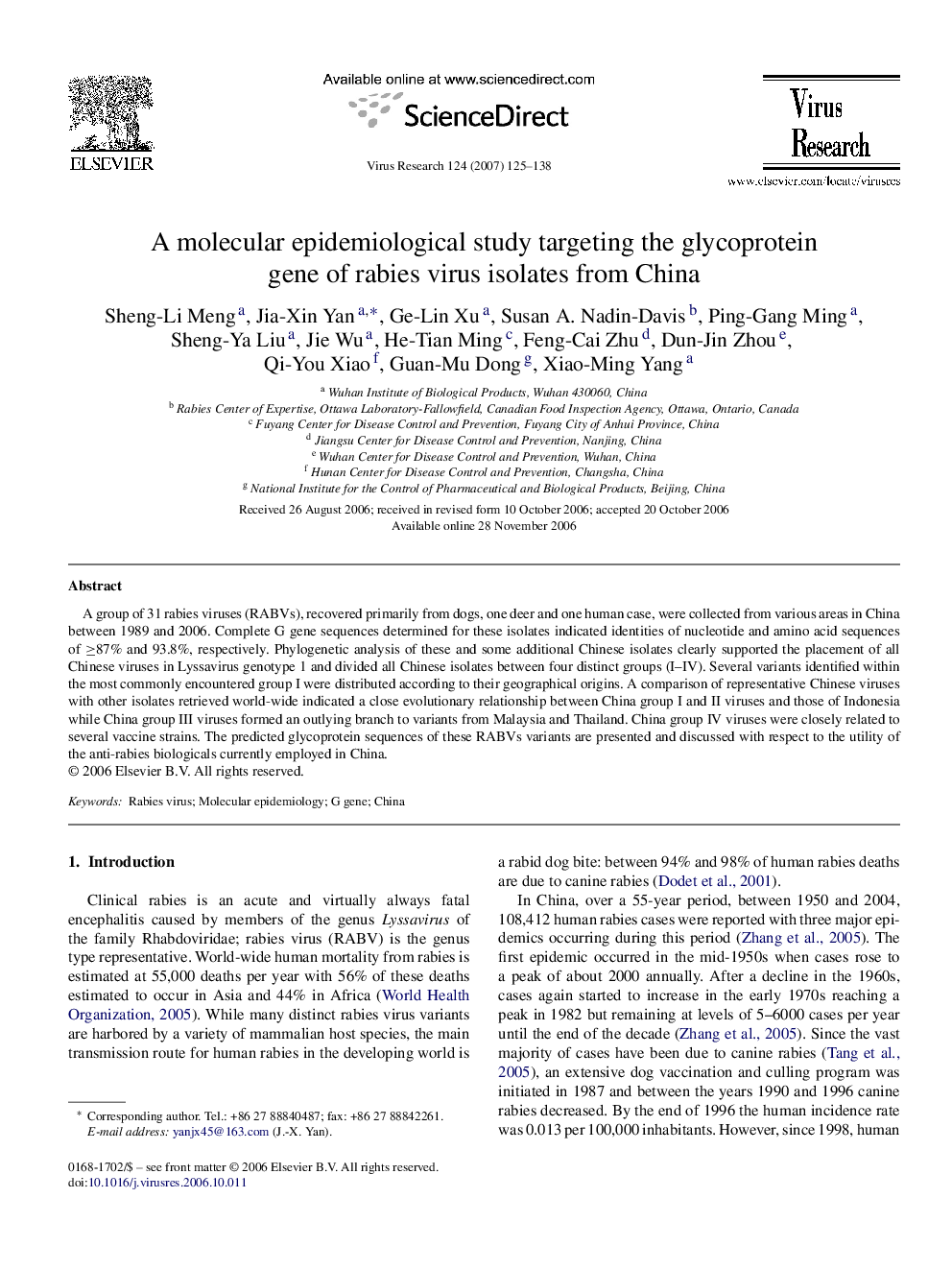 A molecular epidemiological study targeting the glycoprotein gene of rabies virus isolates from China