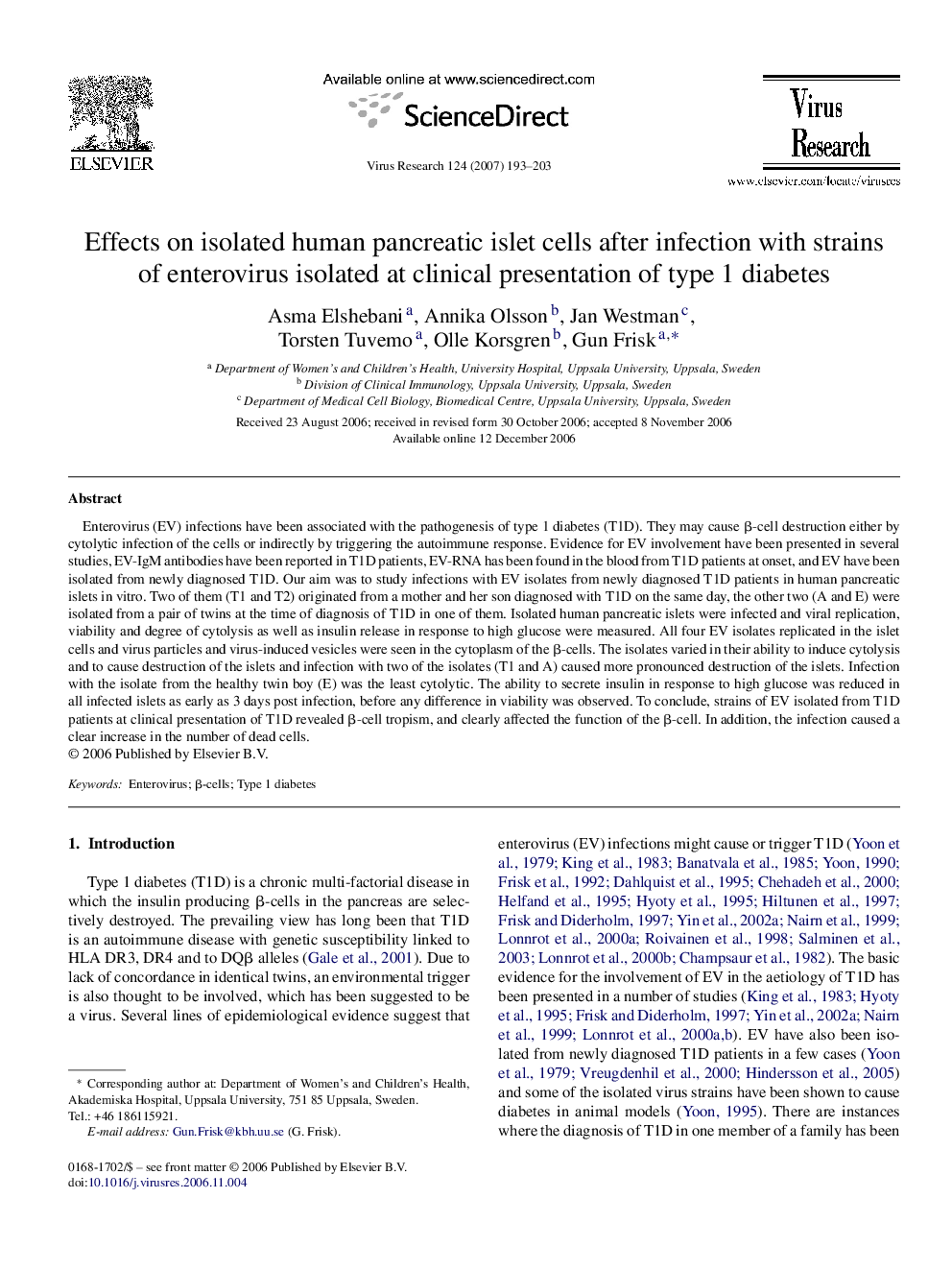 Effects on isolated human pancreatic islet cells after infection with strains of enterovirus isolated at clinical presentation of type 1 diabetes