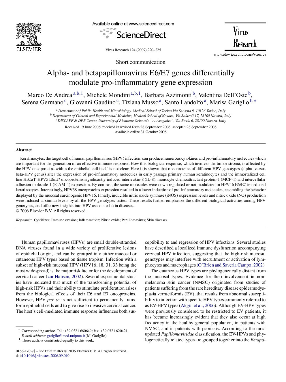 Alpha- and betapapillomavirus E6/E7 genes differentially modulate pro-inflammatory gene expression