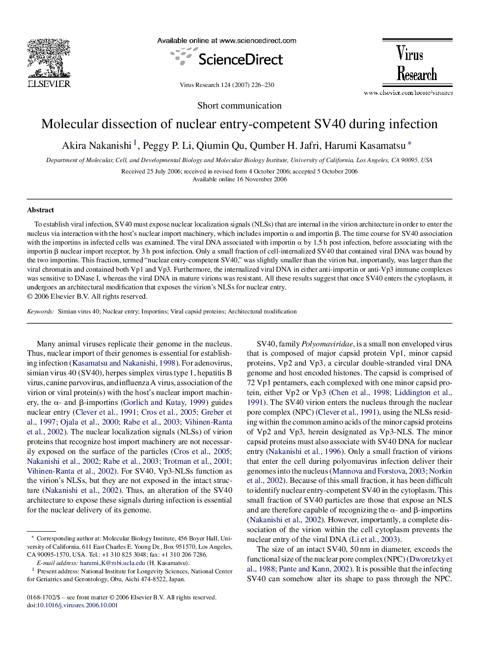 Molecular dissection of nuclear entry-competent SV40 during infection