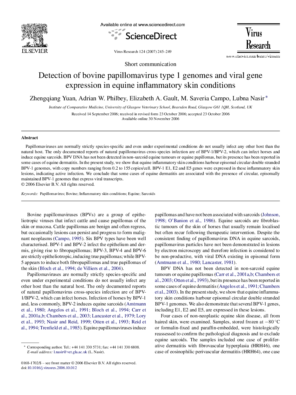 Detection of bovine papillomavirus type 1 genomes and viral gene expression in equine inflammatory skin conditions