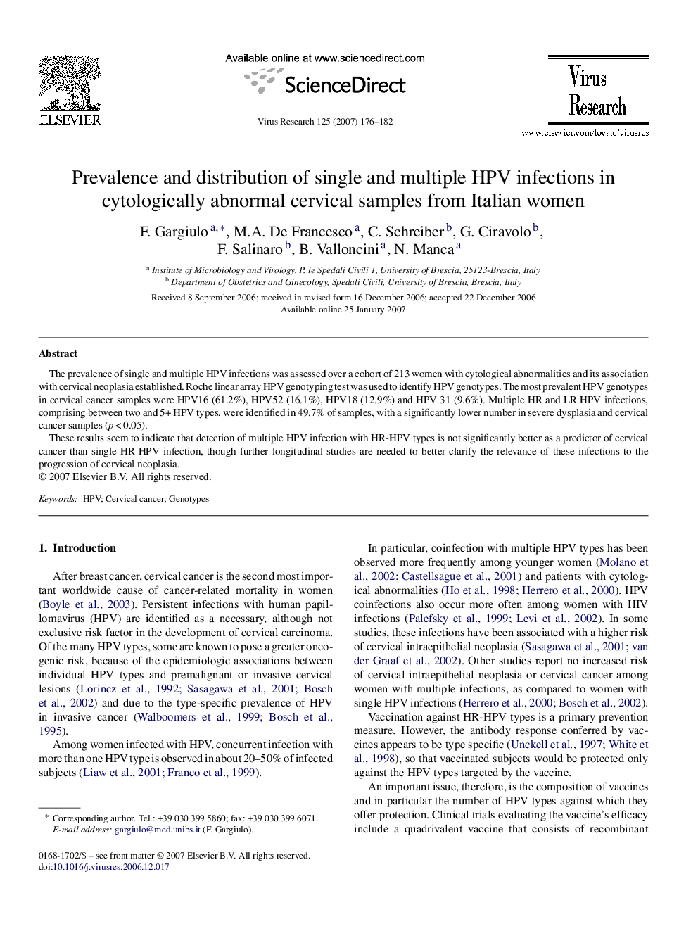 Prevalence and distribution of single and multiple HPV infections in cytologically abnormal cervical samples from Italian women