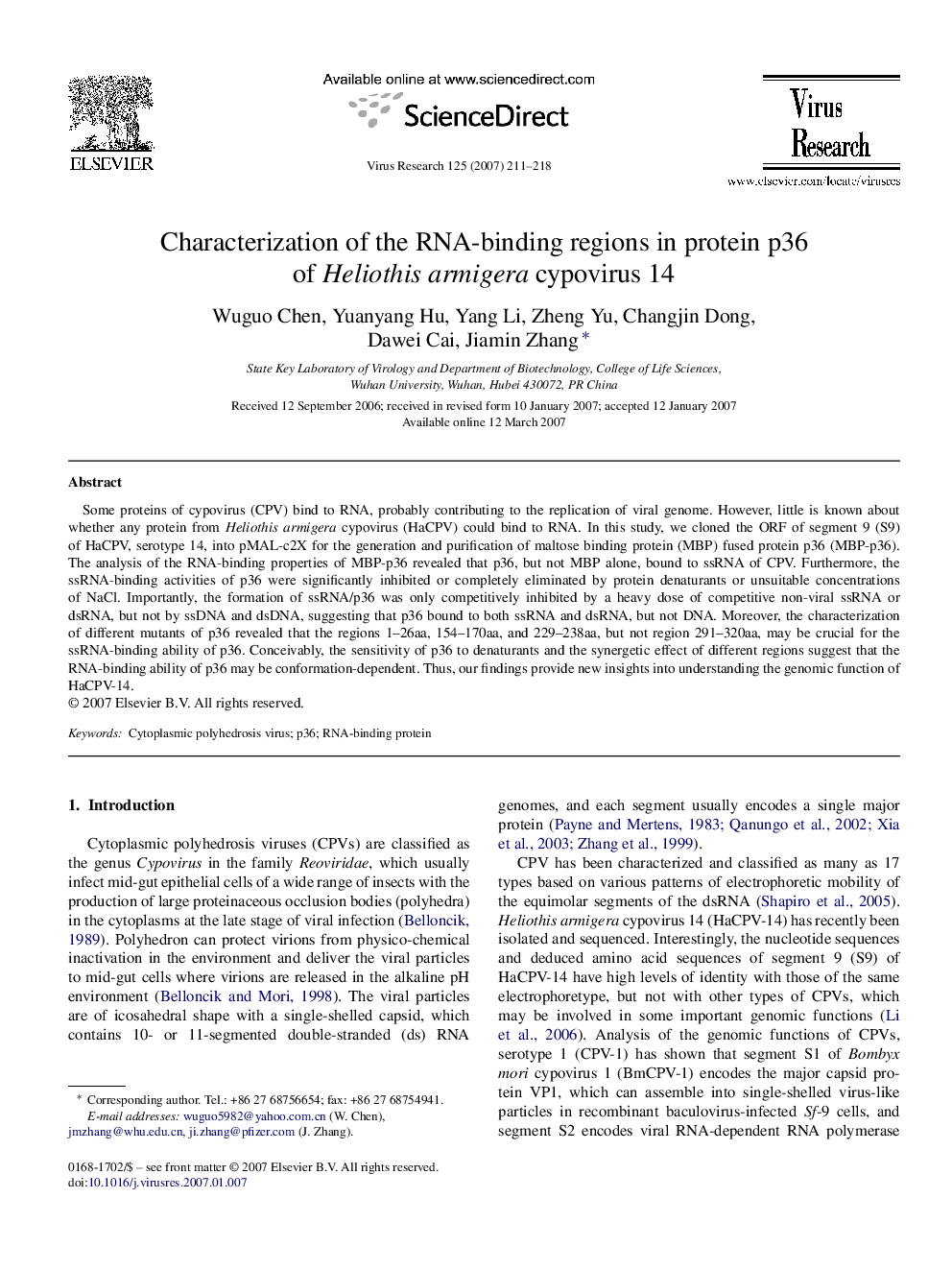 Characterization of the RNA-binding regions in protein p36 of Heliothis armigera cypovirus 14