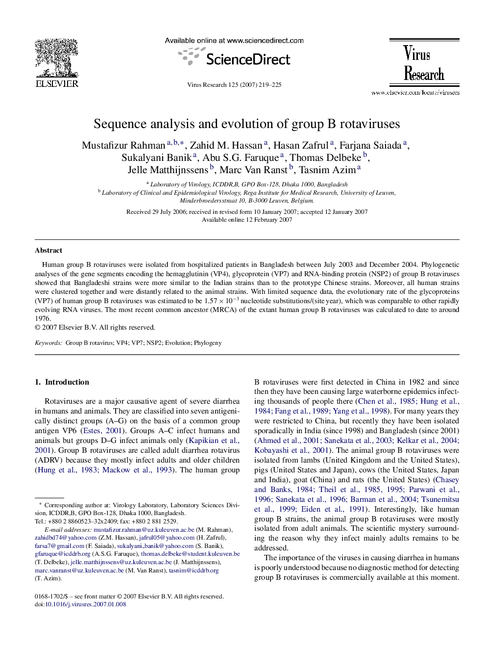 Sequence analysis and evolution of group B rotaviruses