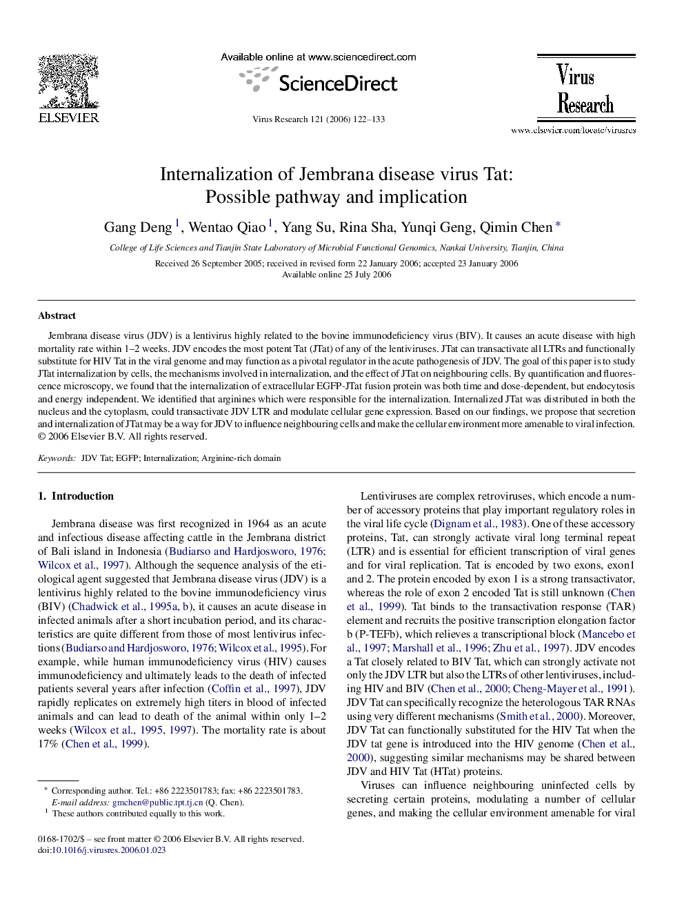 Internalization of Jembrana disease virus Tat: Possible pathway and implication