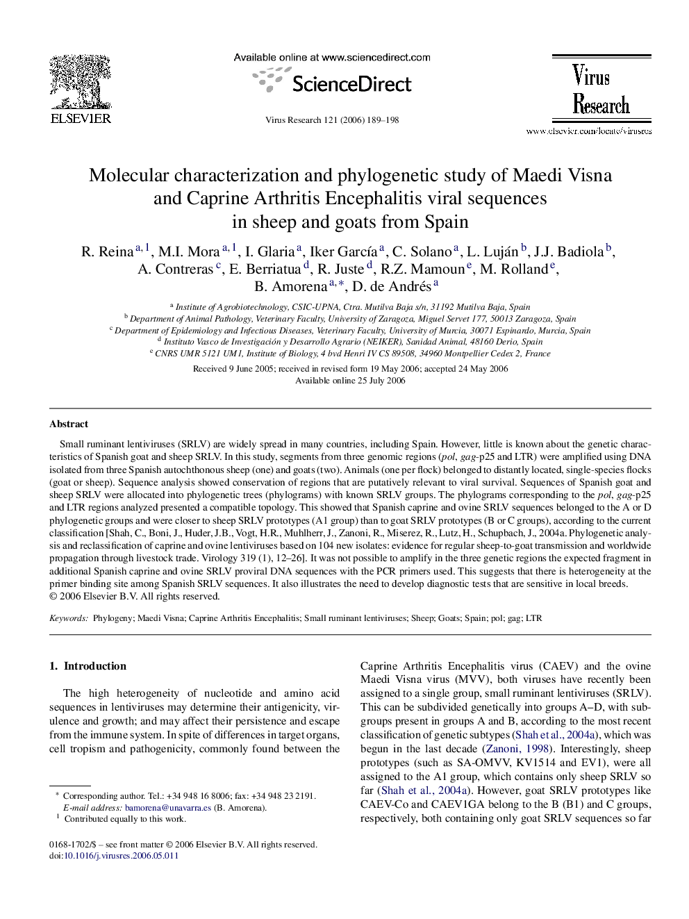 Molecular characterization and phylogenetic study of Maedi Visna and Caprine Arthritis Encephalitis viral sequences in sheep and goats from Spain