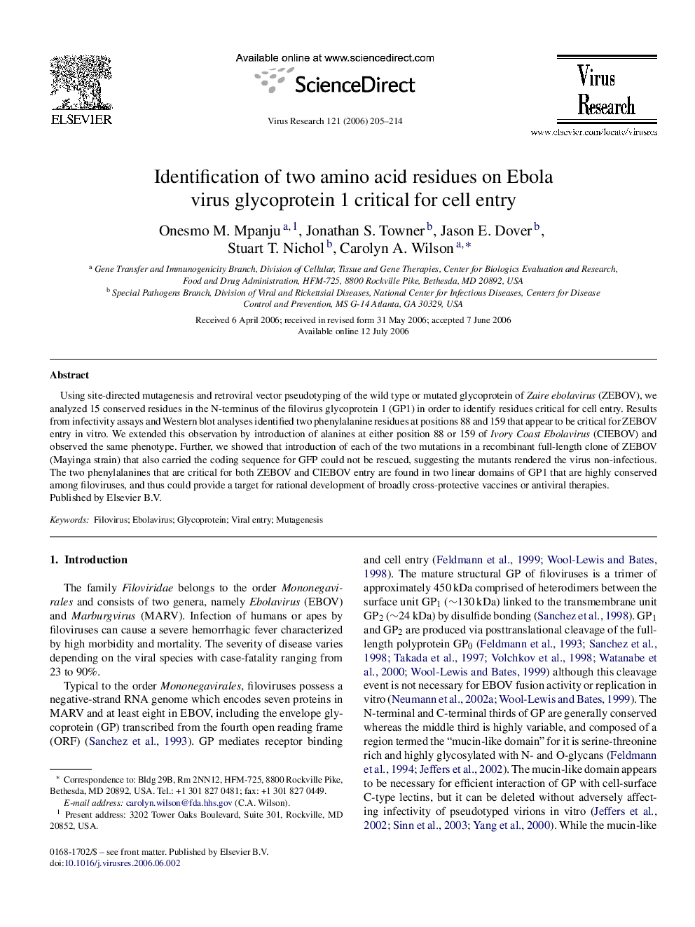 Identification of two amino acid residues on Ebola virus glycoprotein 1 critical for cell entry