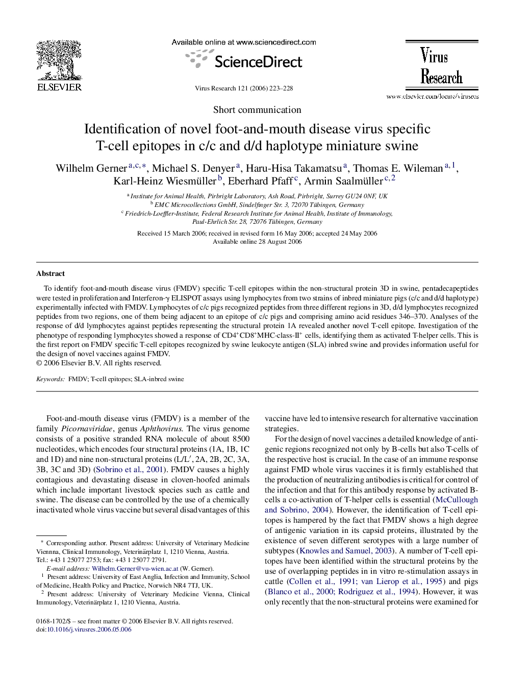 Identification of novel foot-and-mouth disease virus specific T-cell epitopes in c/c and d/d haplotype miniature swine