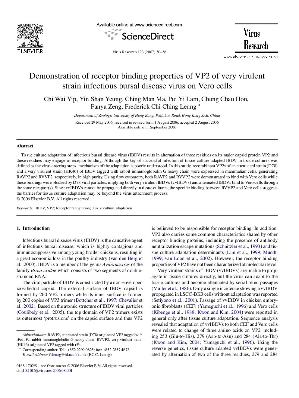 Demonstration of receptor binding properties of VP2 of very virulent strain infectious bursal disease virus on Vero cells