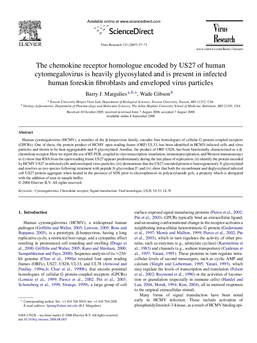 The chemokine receptor homologue encoded by US27 of human cytomegalovirus is heavily glycosylated and is present in infected human foreskin fibroblasts and enveloped virus particles