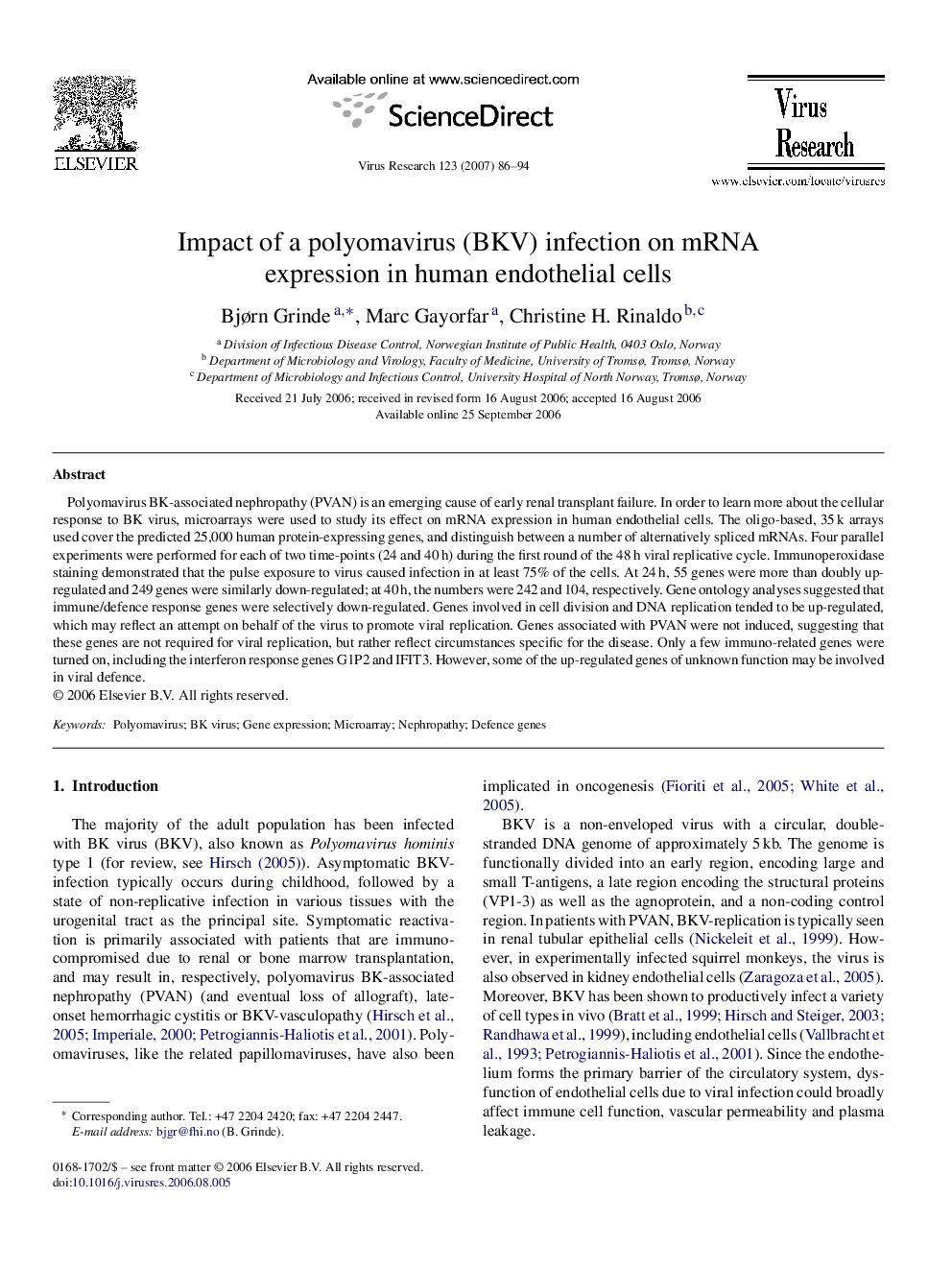 Impact of a polyomavirus (BKV) infection on mRNA expression in human endothelial cells