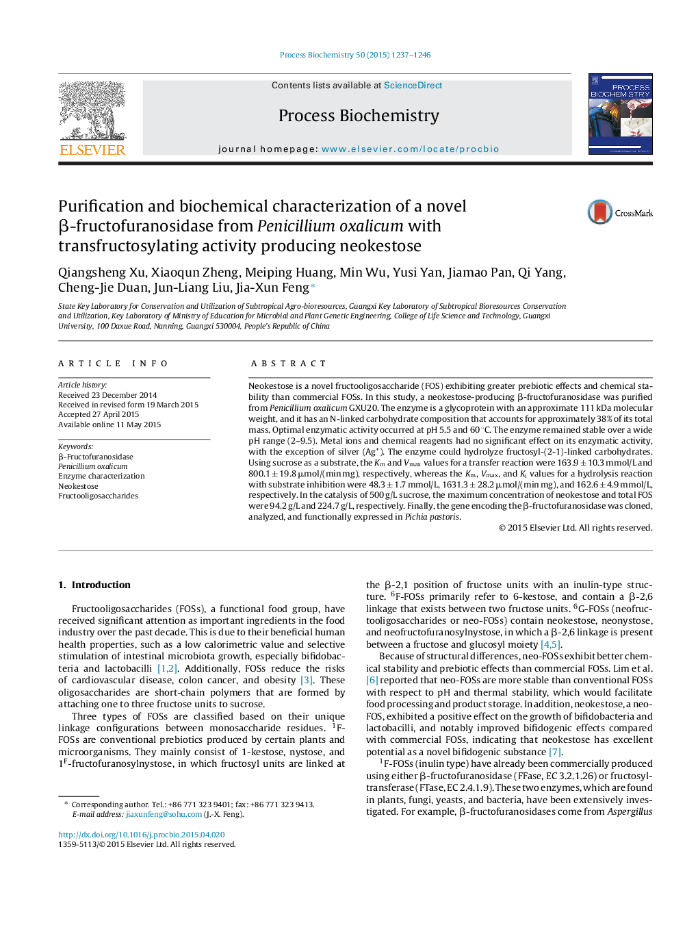 Purification and biochemical characterization of a novel β-fructofuranosidase from Penicillium oxalicum with transfructosylating activity producing neokestose