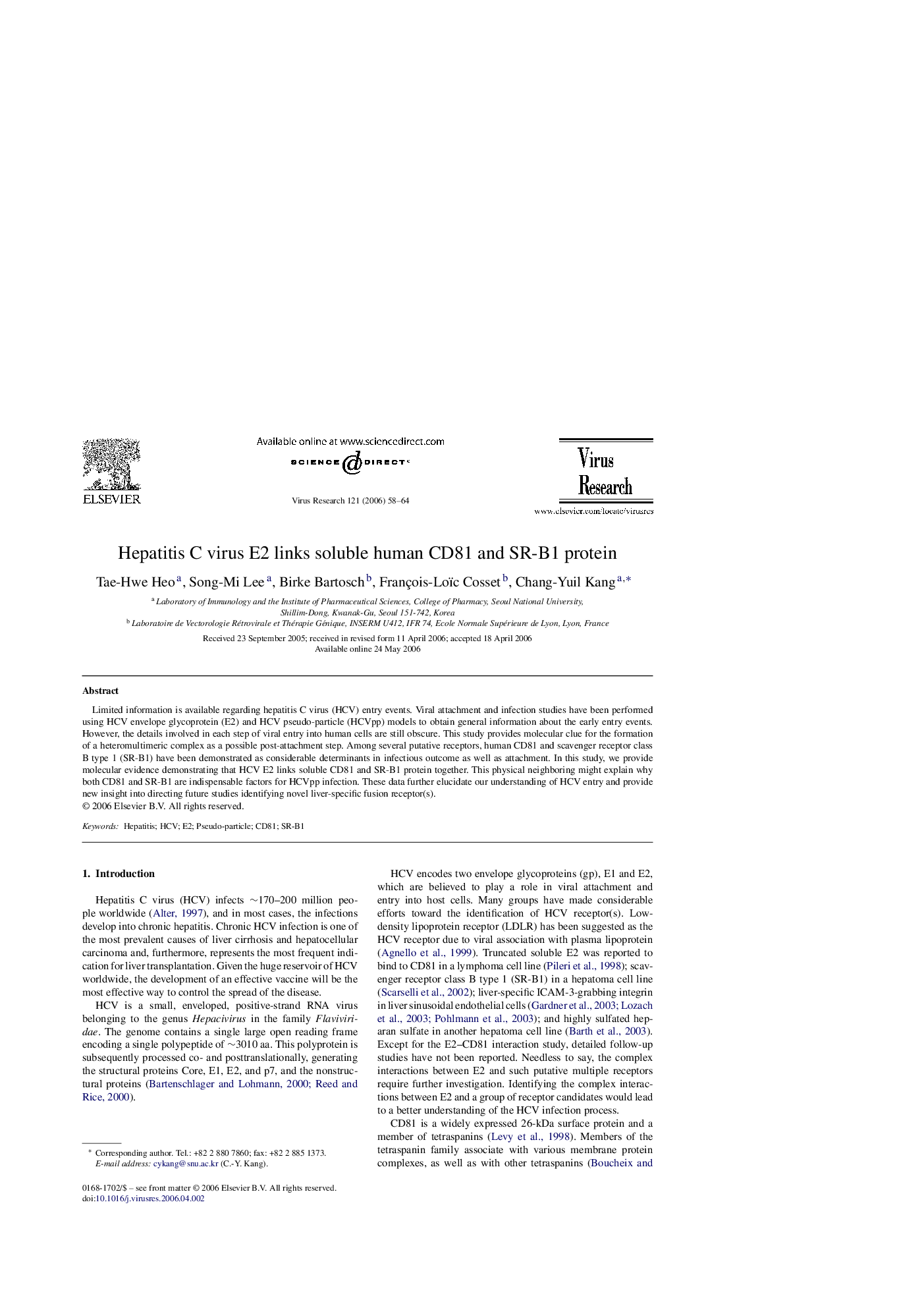 Hepatitis C virus E2 links soluble human CD81 and SR-B1 protein