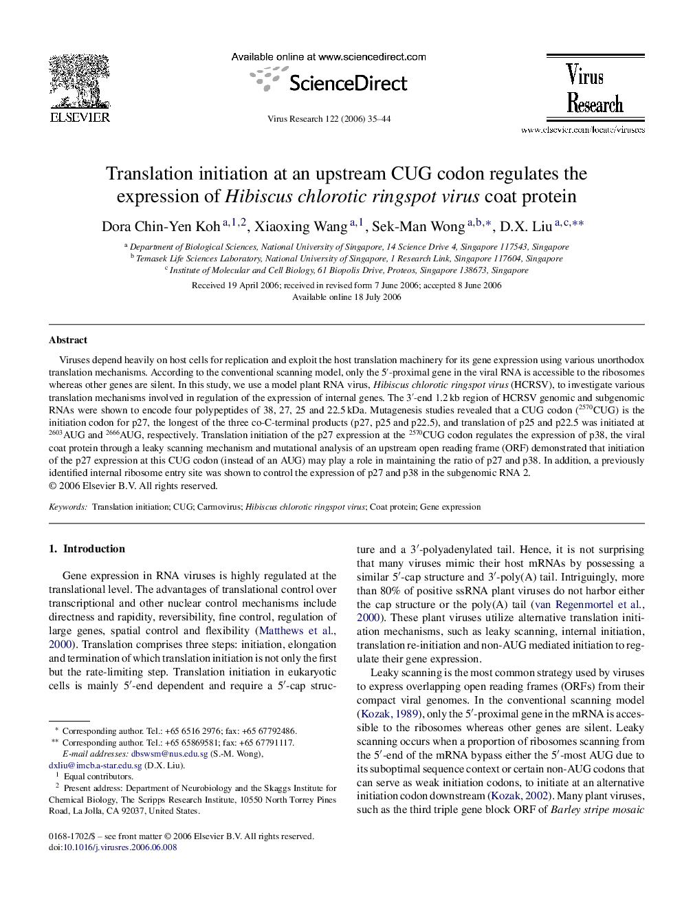 Translation initiation at an upstream CUG codon regulates the expression of Hibiscus chlorotic ringspot virus coat protein