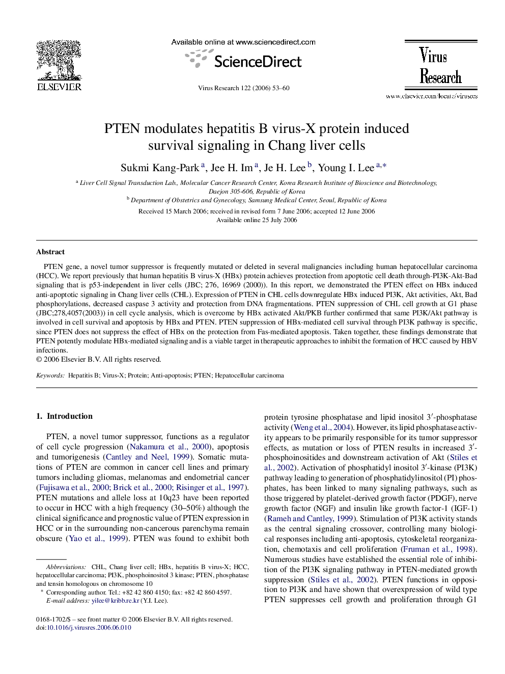 PTEN modulates hepatitis B virus-X protein induced survival signaling in Chang liver cells