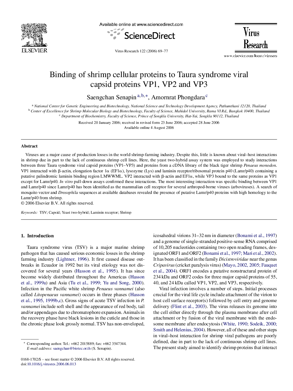 Binding of shrimp cellular proteins to Taura syndrome viral capsid proteins VP1, VP2 and VP3