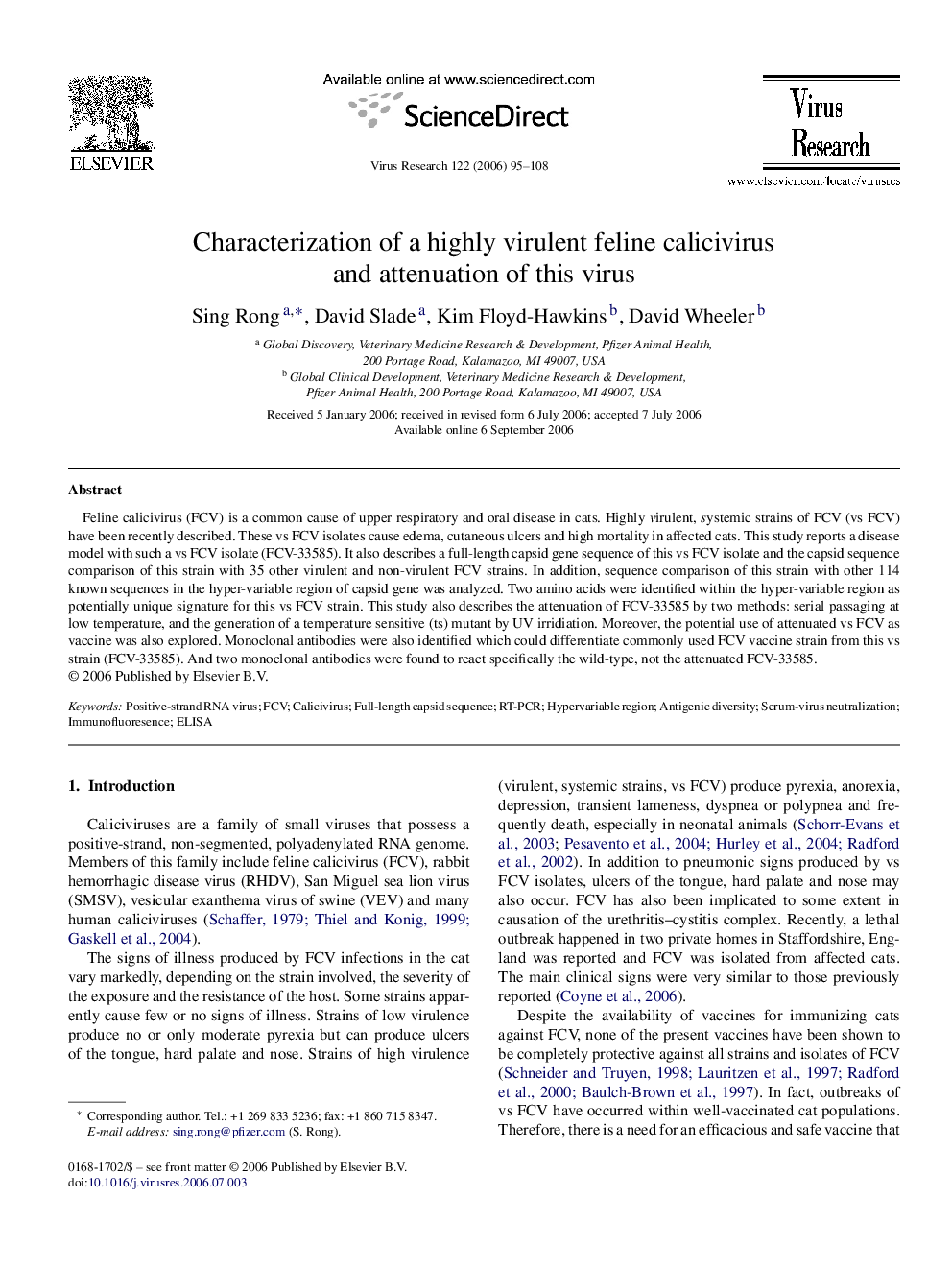 Characterization of a highly virulent feline calicivirus and attenuation of this virus