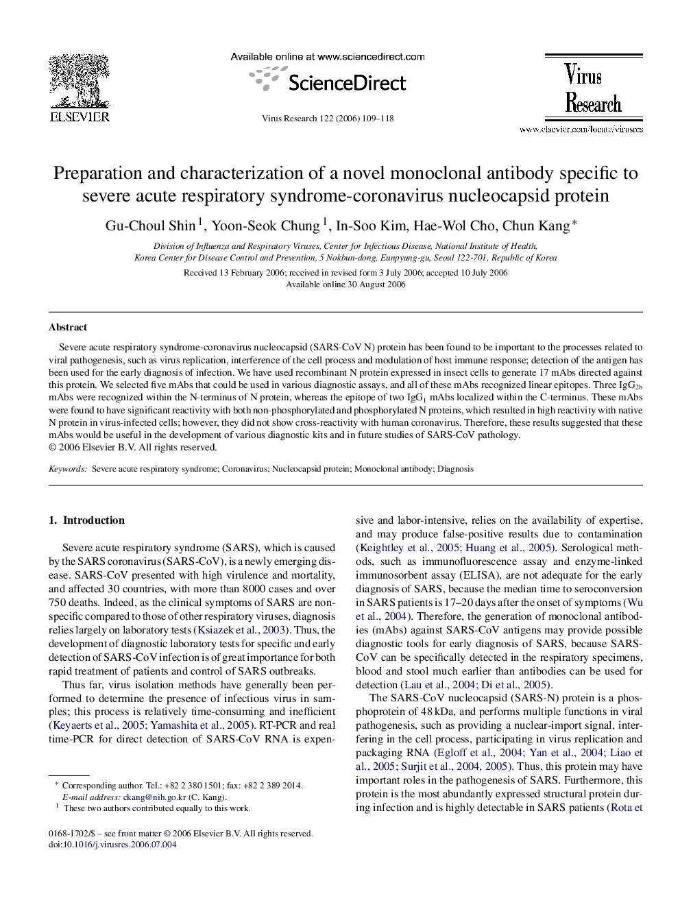 Preparation and characterization of a novel monoclonal antibody specific to severe acute respiratory syndrome-coronavirus nucleocapsid protein