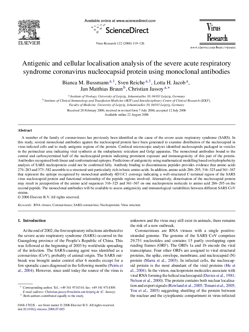 Antigenic and cellular localisation analysis of the severe acute respiratory syndrome coronavirus nucleocapsid protein using monoclonal antibodies