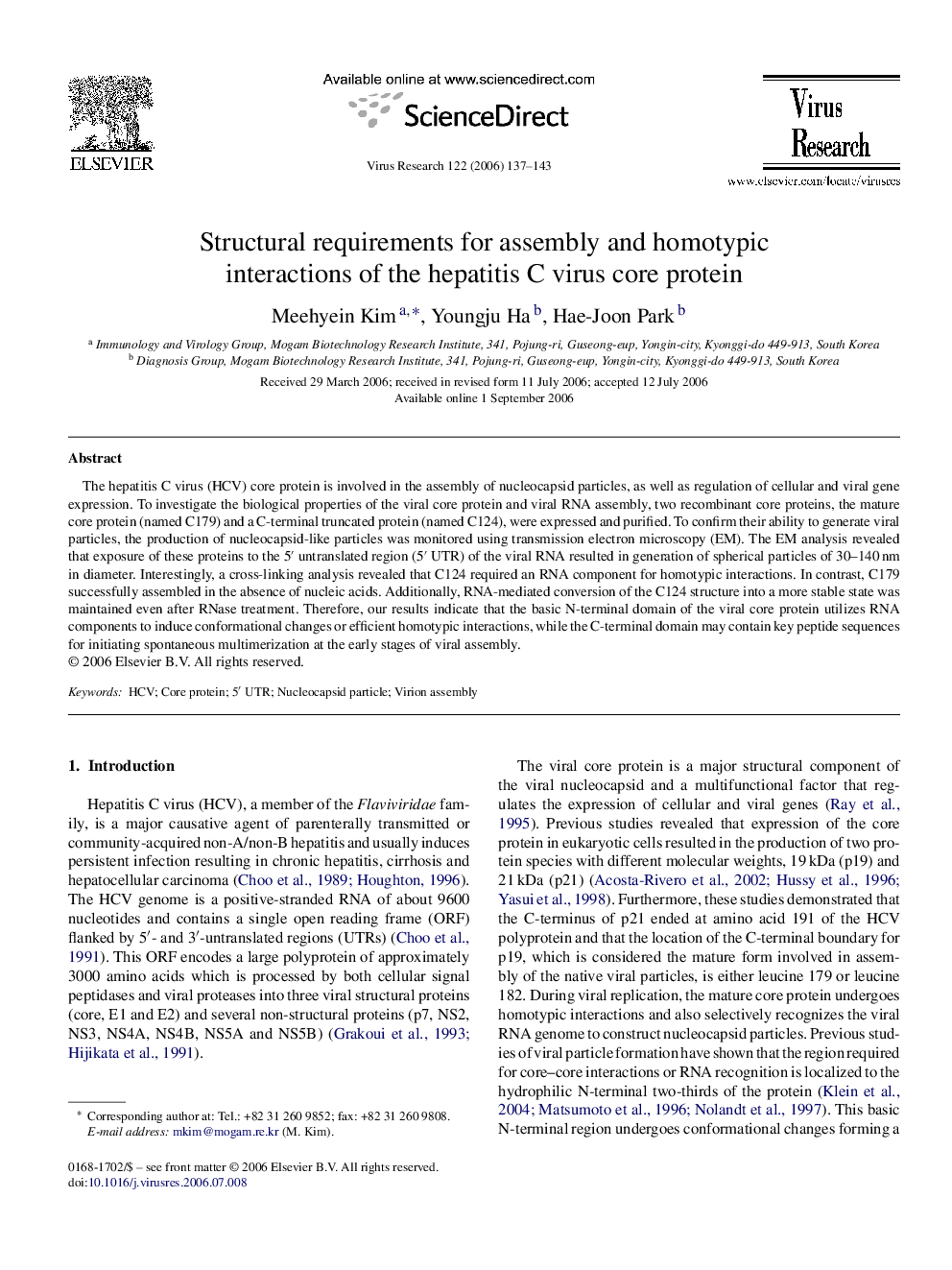 Structural requirements for assembly and homotypic interactions of the hepatitis C virus core protein