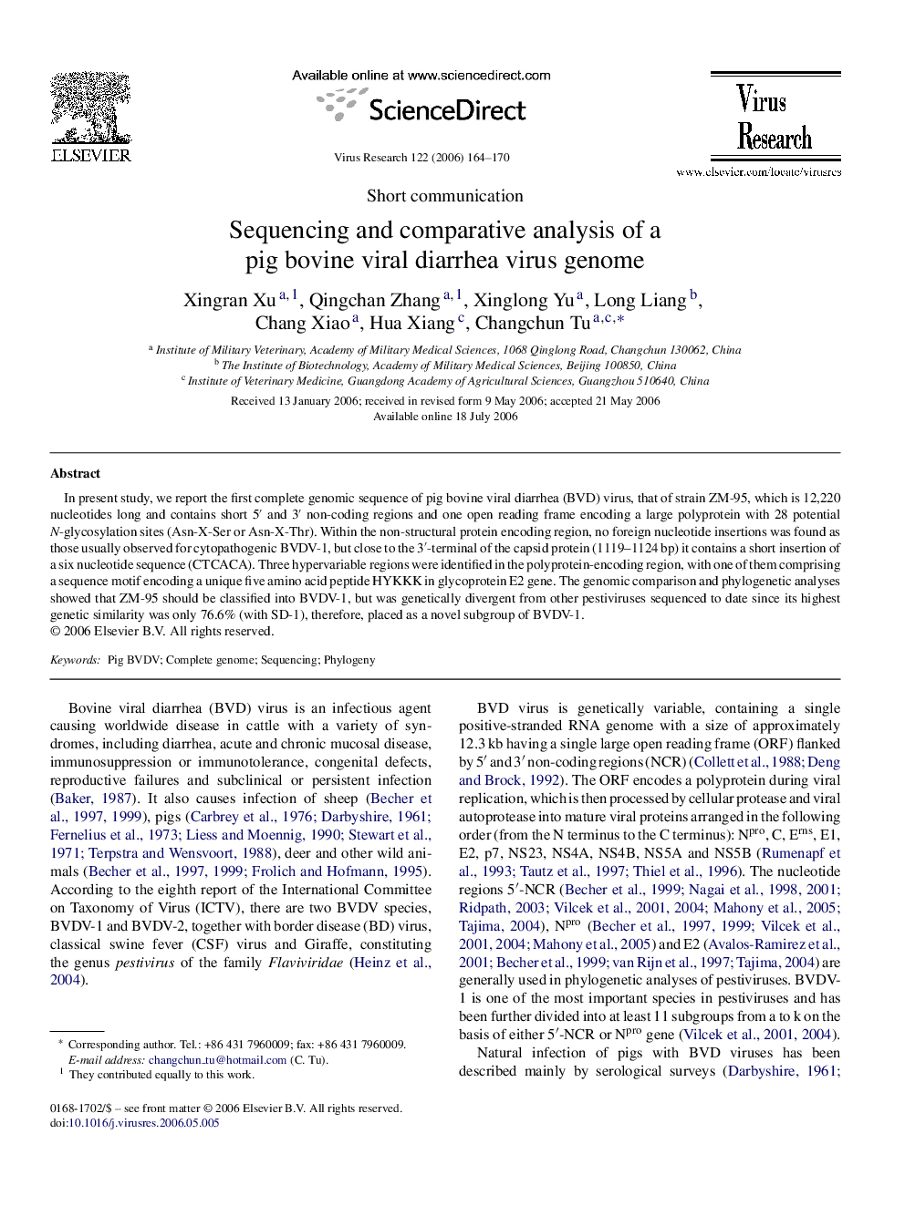 Sequencing and comparative analysis of a pig bovine viral diarrhea virus genome