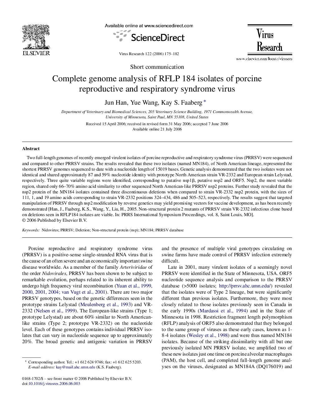 Complete genome analysis of RFLP 184 isolates of porcine reproductive and respiratory syndrome virus