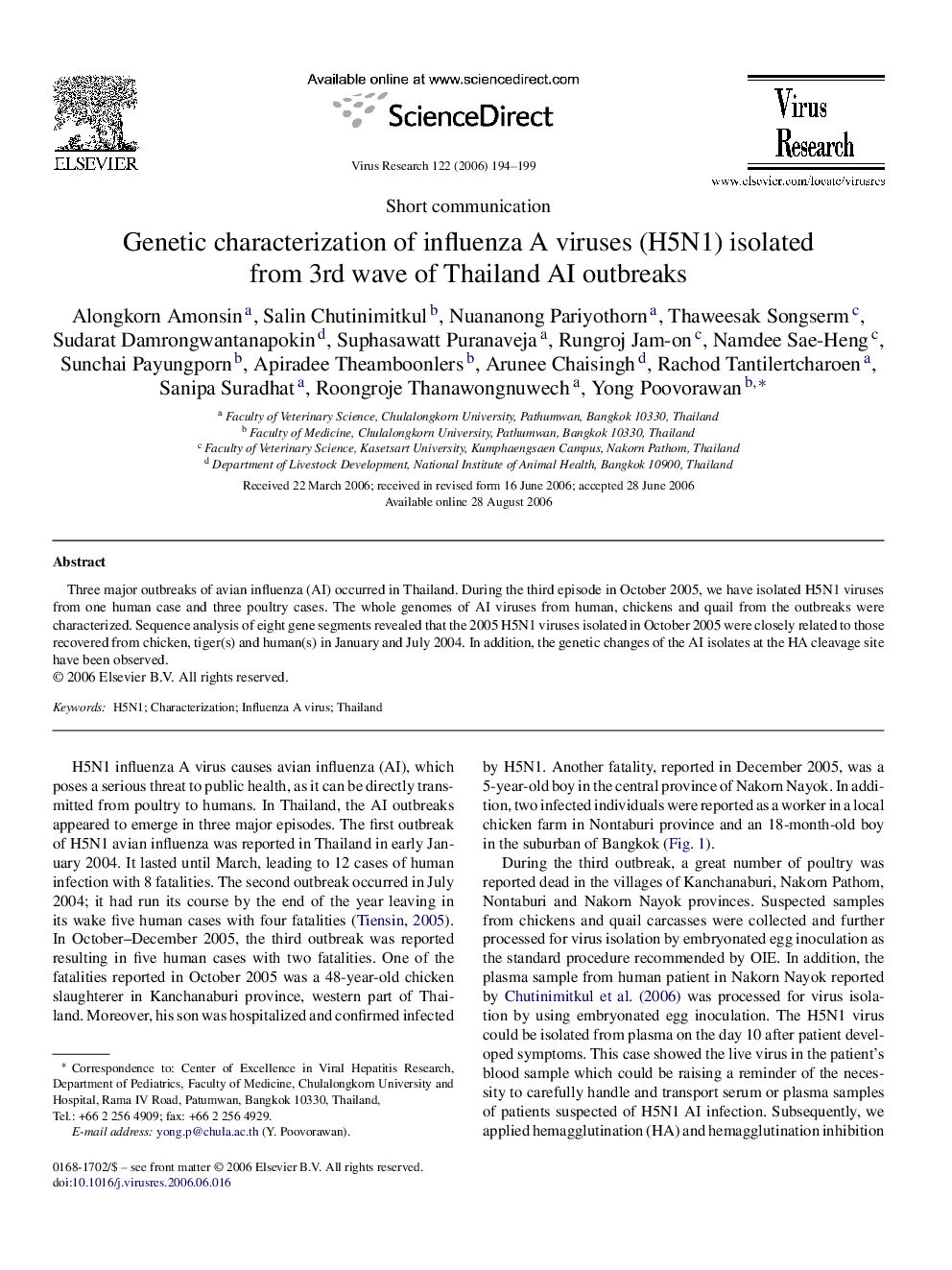 Genetic characterization of influenza A viruses (H5N1) isolated from 3rd wave of Thailand AI outbreaks