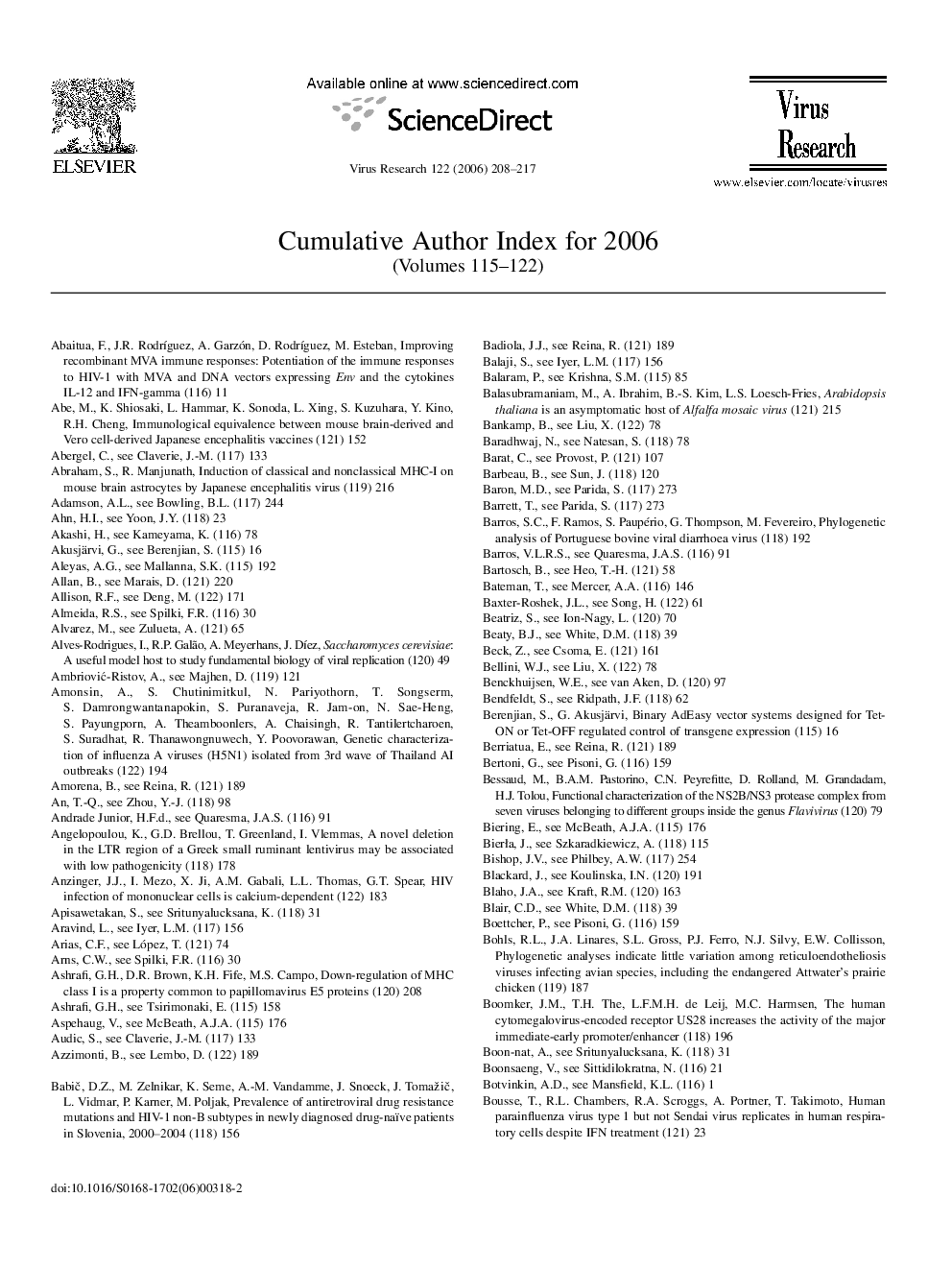 Cumulative Author Index for 2006 (Volumes 115-122)