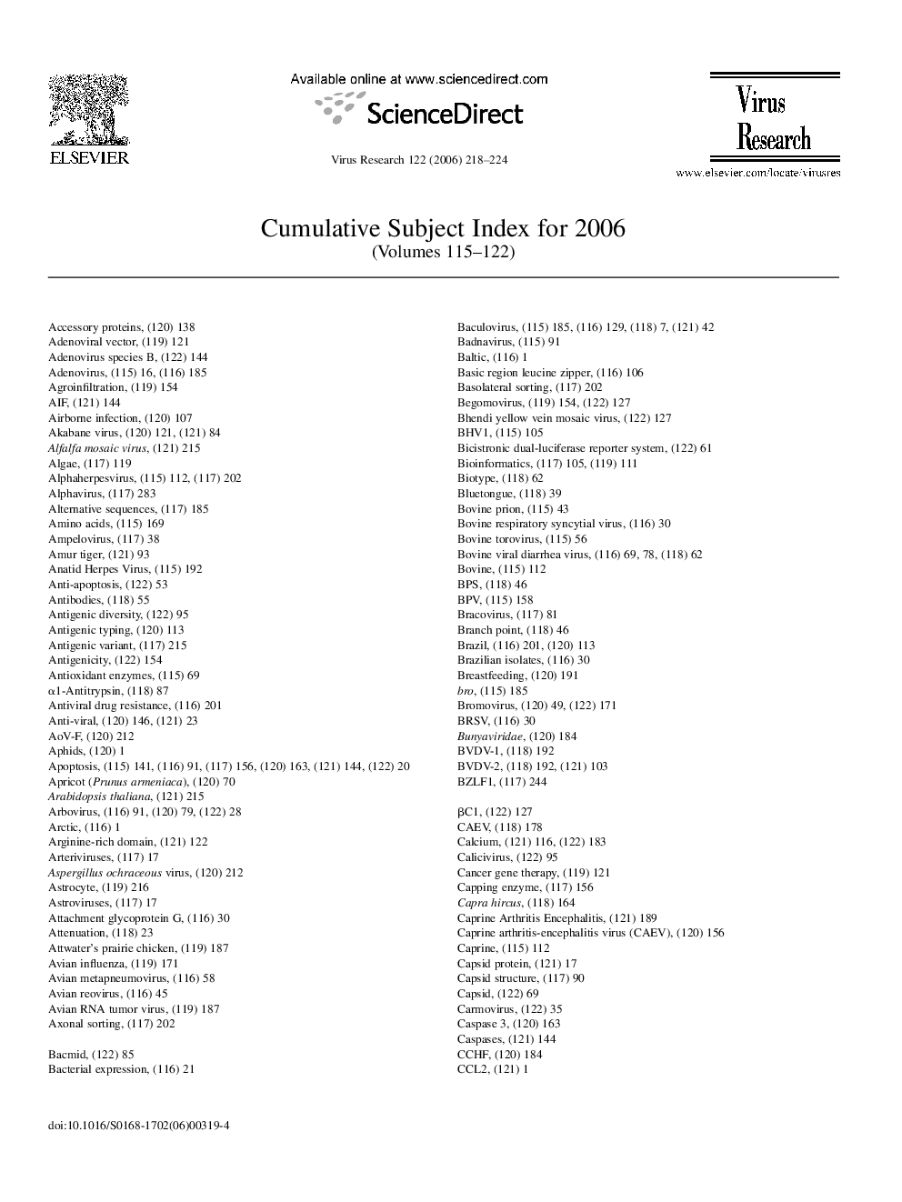 Cumulative Subject Index for 2006 (Volumes 115-122)