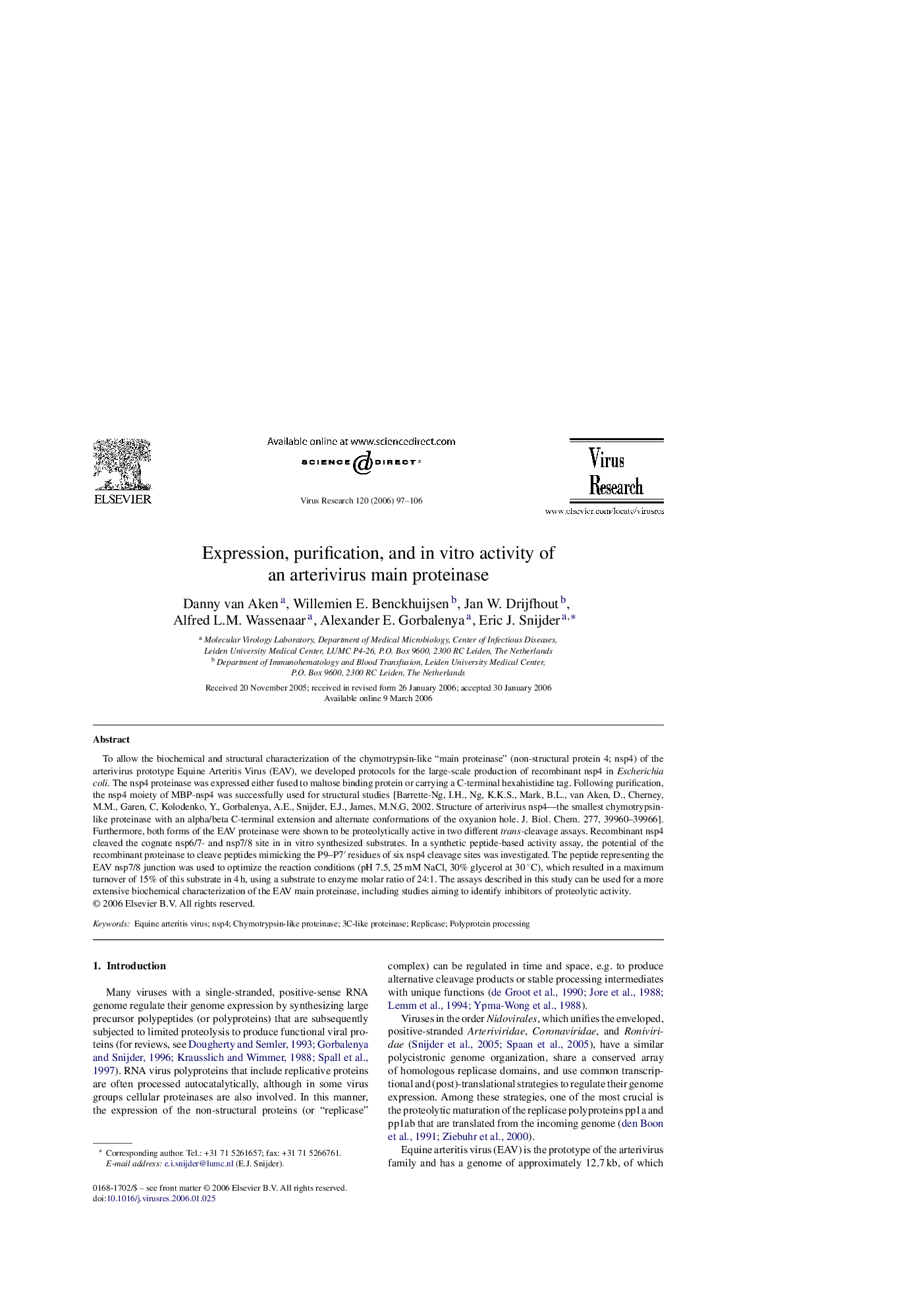 Expression, purification, and in vitro activity of an arterivirus main proteinase