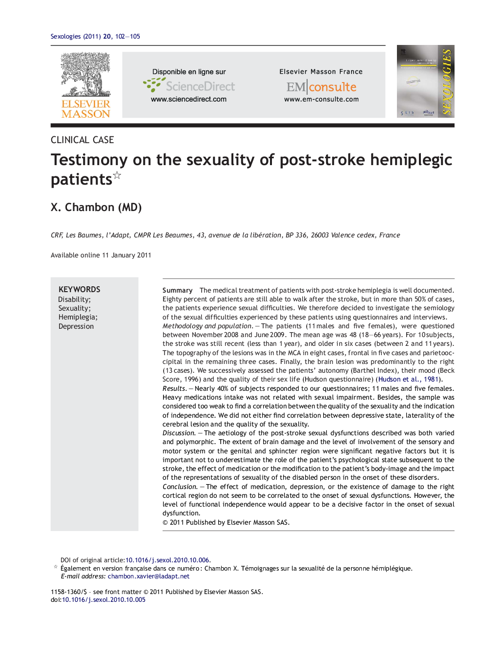 Testimony on the sexuality of post-stroke hemiplegic patients 