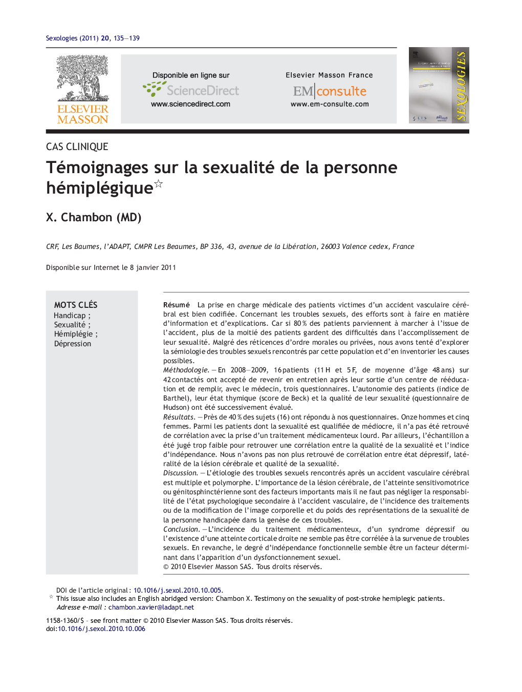 Témoignages sur la sexualité de la personne hémiplégique 