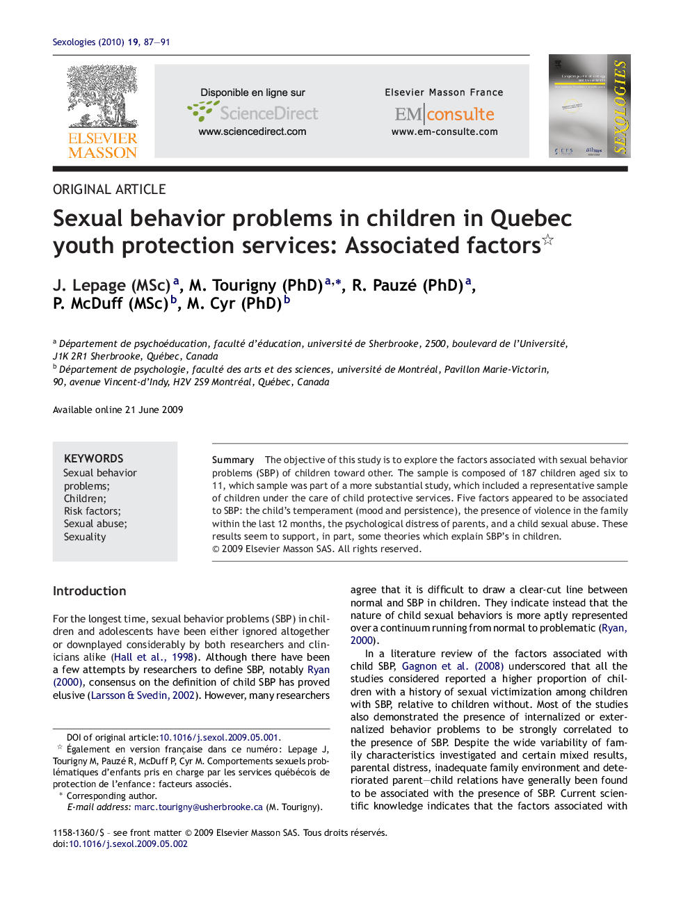 Sexual behavior problems in children in Quebec youth protection services: Associated factors 