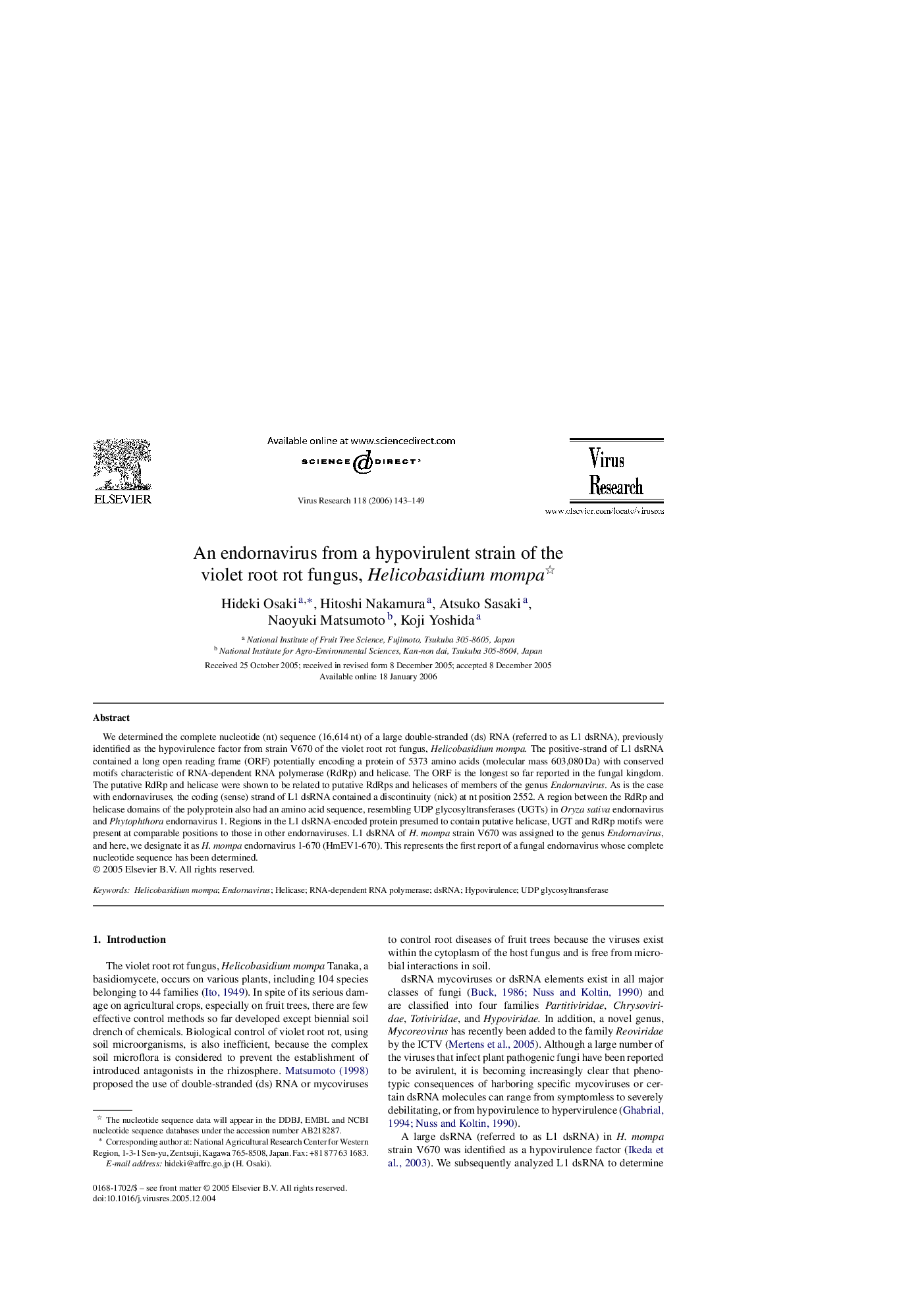 An endornavirus from a hypovirulent strain of the violet root rot fungus, Helicobasidium mompa 