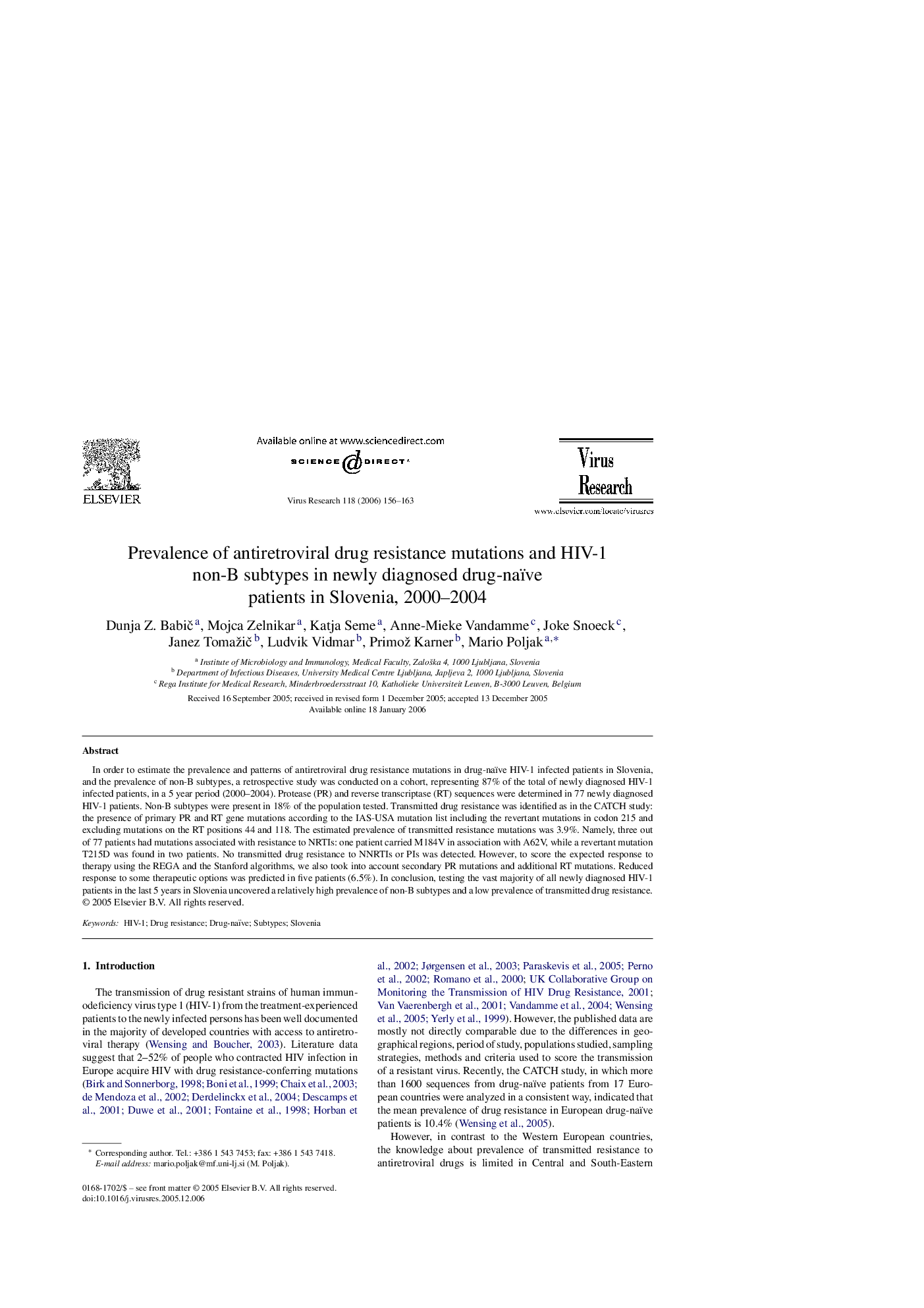 Prevalence of antiretroviral drug resistance mutations and HIV-1 non-B subtypes in newly diagnosed drug-naïve patients in Slovenia, 2000–2004